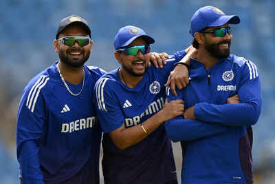 Kuldeep Yadav with teammates during a practice session.