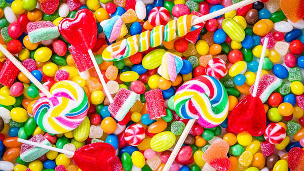 Colorful candies containing artificial dyes